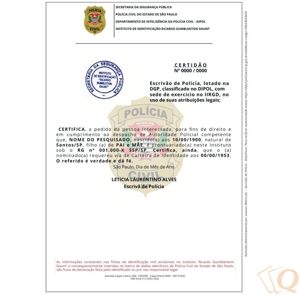 Certidão De Prontuário Do Rg Iirgd Estado De São Paulo 3652