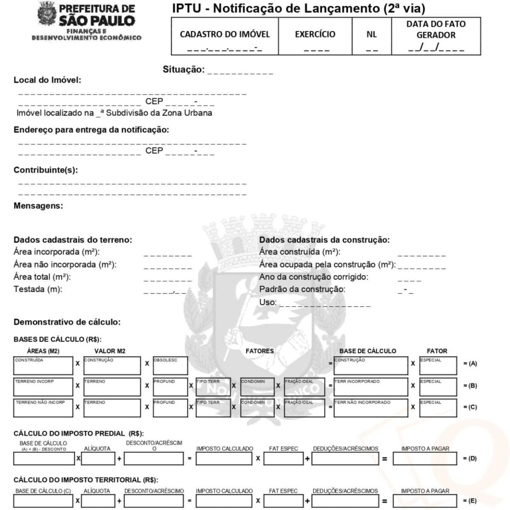 2ª Via Notificação de Lançamento do IPTU Capa ou Espelho